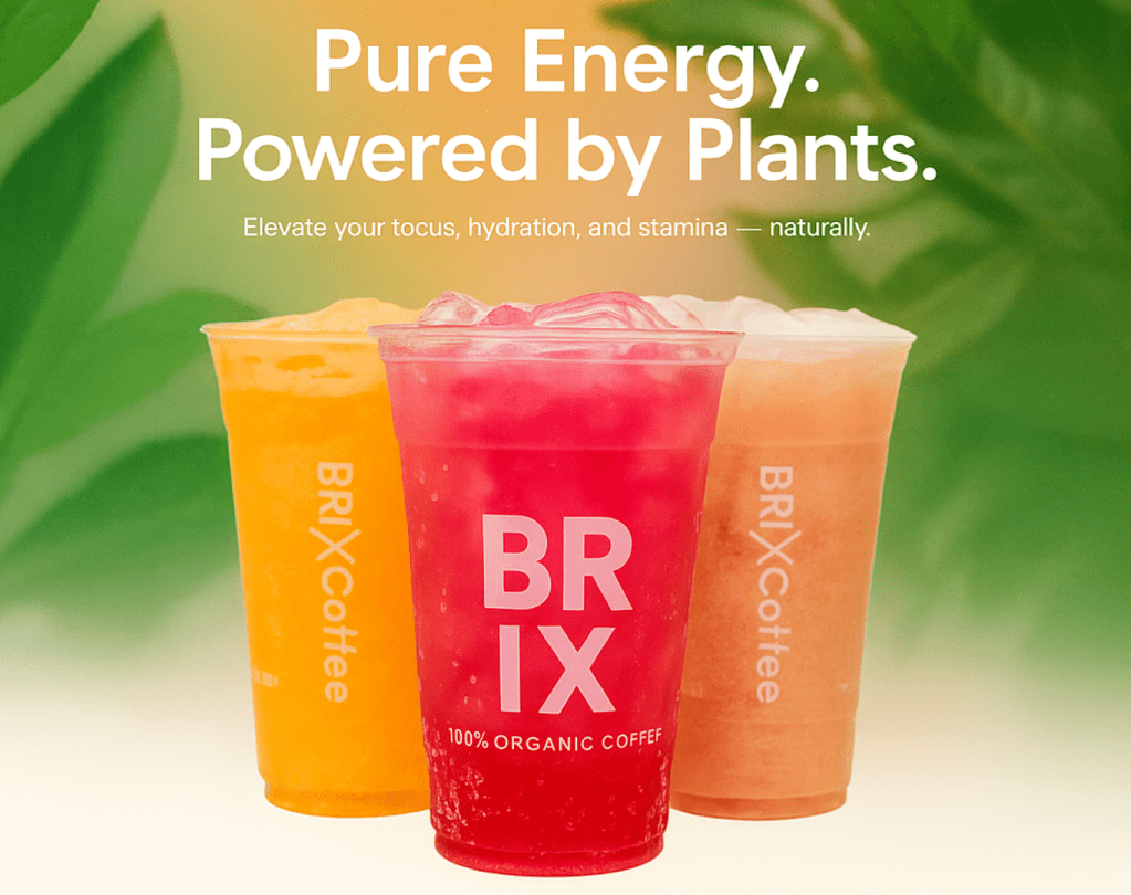 Brix product image showing colorful plant energy drinks